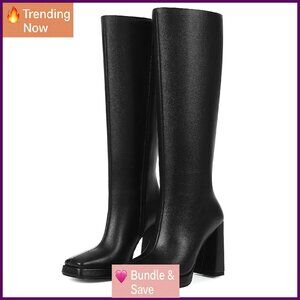 Knee High Boots Women's Vegan Leather Chunky Heel Side Zip Square Toe